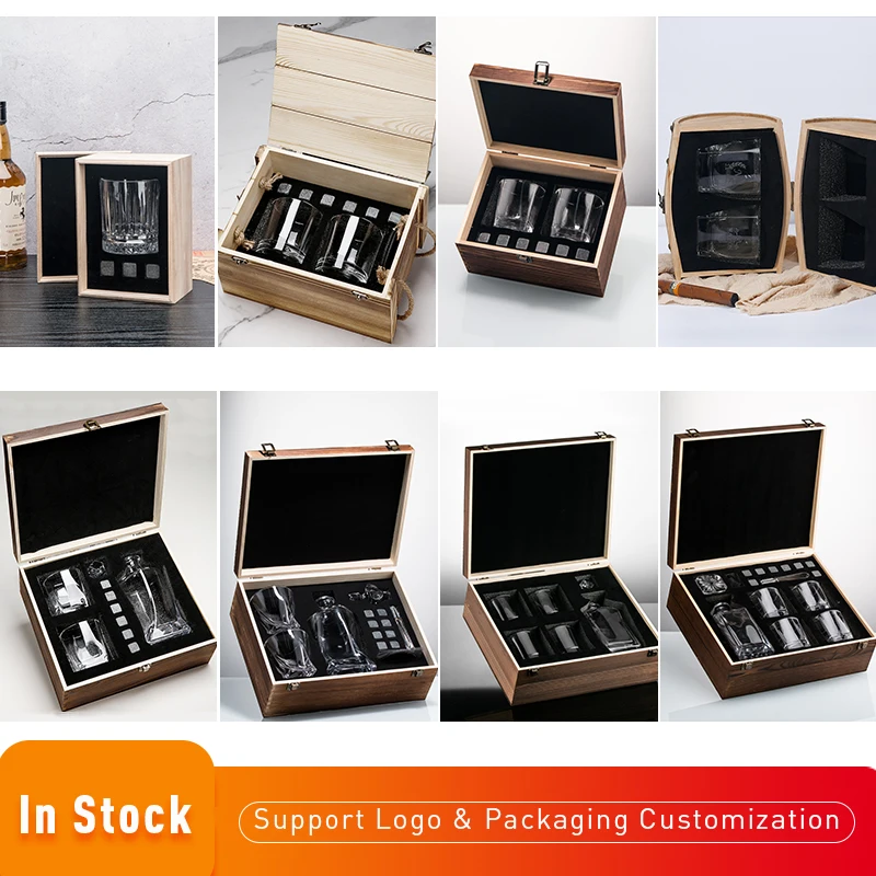 Premium 300ml Custom Etched Whiskey Glass Gift Sets With 6 Granite Whisky Rocks in Wooden Whiskey Barrel Gift Box