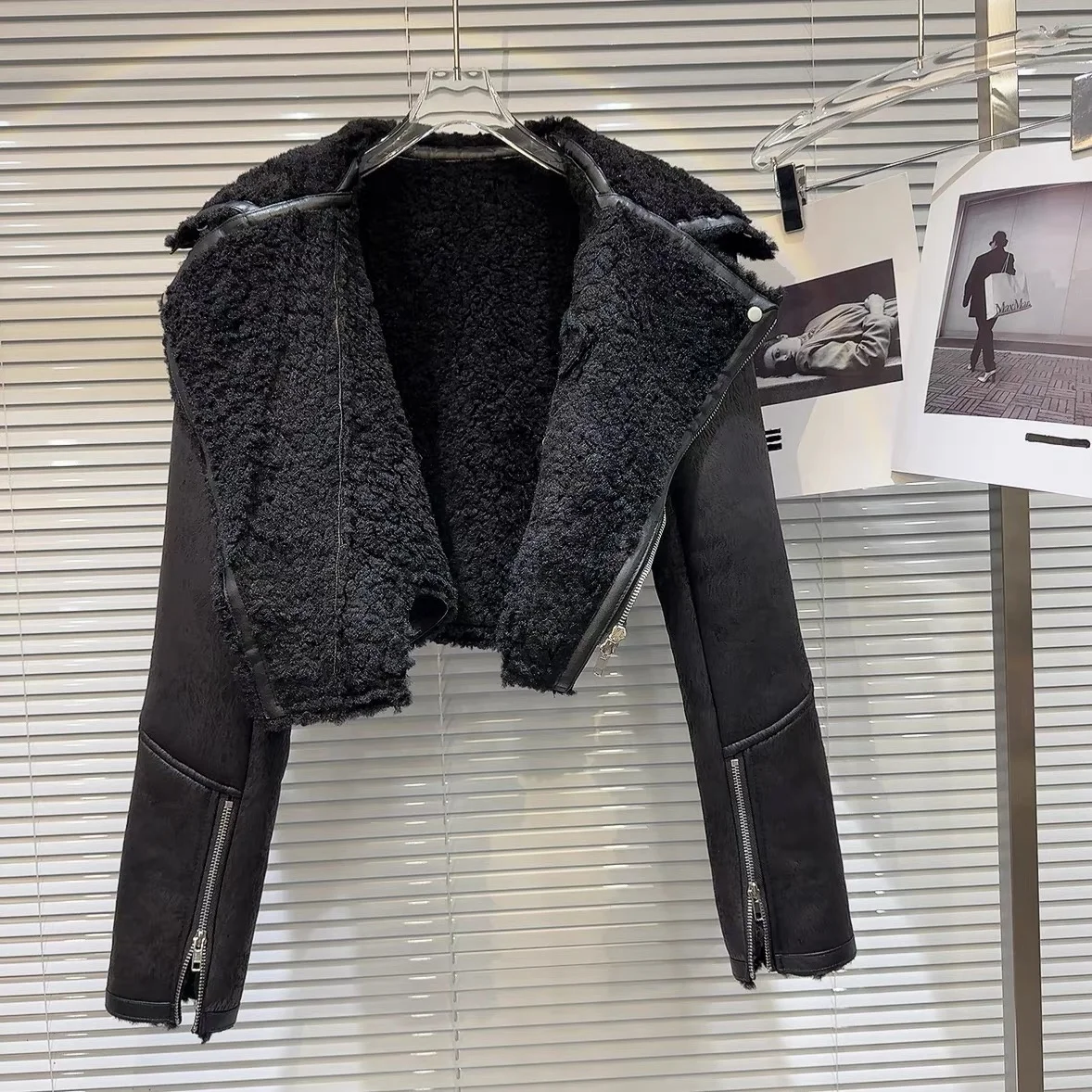 OUDINA Fashionable Winter Motorcycle Diagonal Tie-dye Pattern Fur Faux Leather Jacket Coat Bomber Jacket