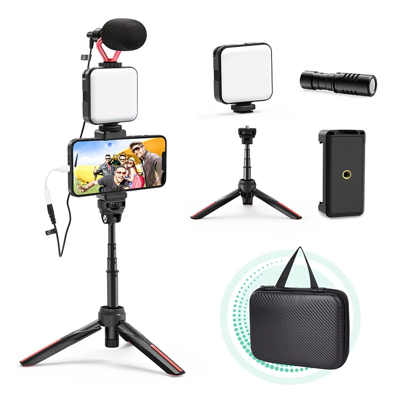 Professional Phone Holder Tripod with LED Camera Light and Microphone Video Vlogging Photography Light kit for Studio Recording