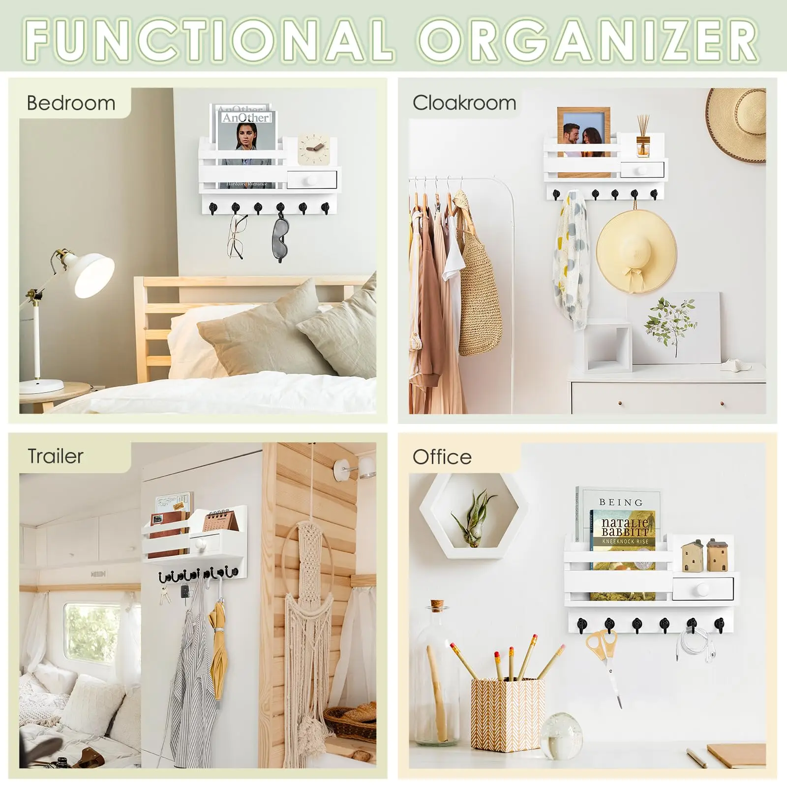 Key Holder Wall Mount Wooden Key Mail Holder with Drawer Key Organizer Mail Sorter with 6 Key Hooks Key Rack with Shelf