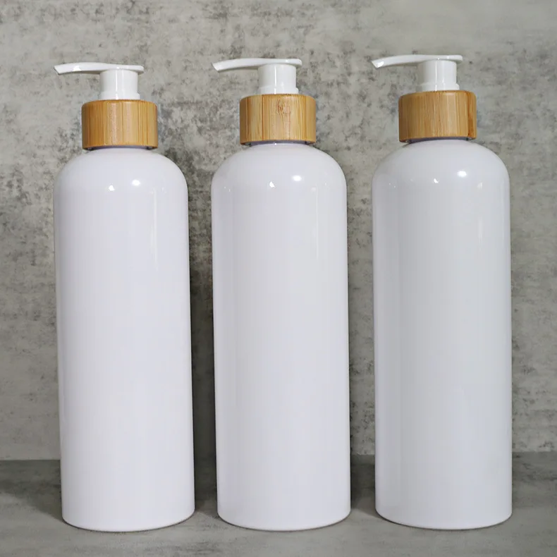 wholesale 500ml 1000ml pet white plastic spray pump bottle with nozzle Bamboo wooden lid