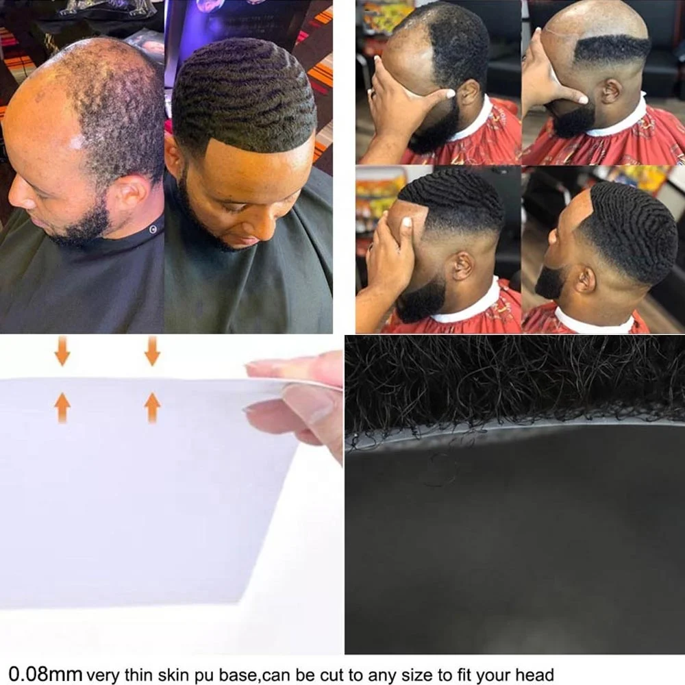 Poly Thin Skin PU Afro Wave Human Hair Men Replacement System French Lace Afro Kinky Curl Men Hair Units Toupee for Black Men