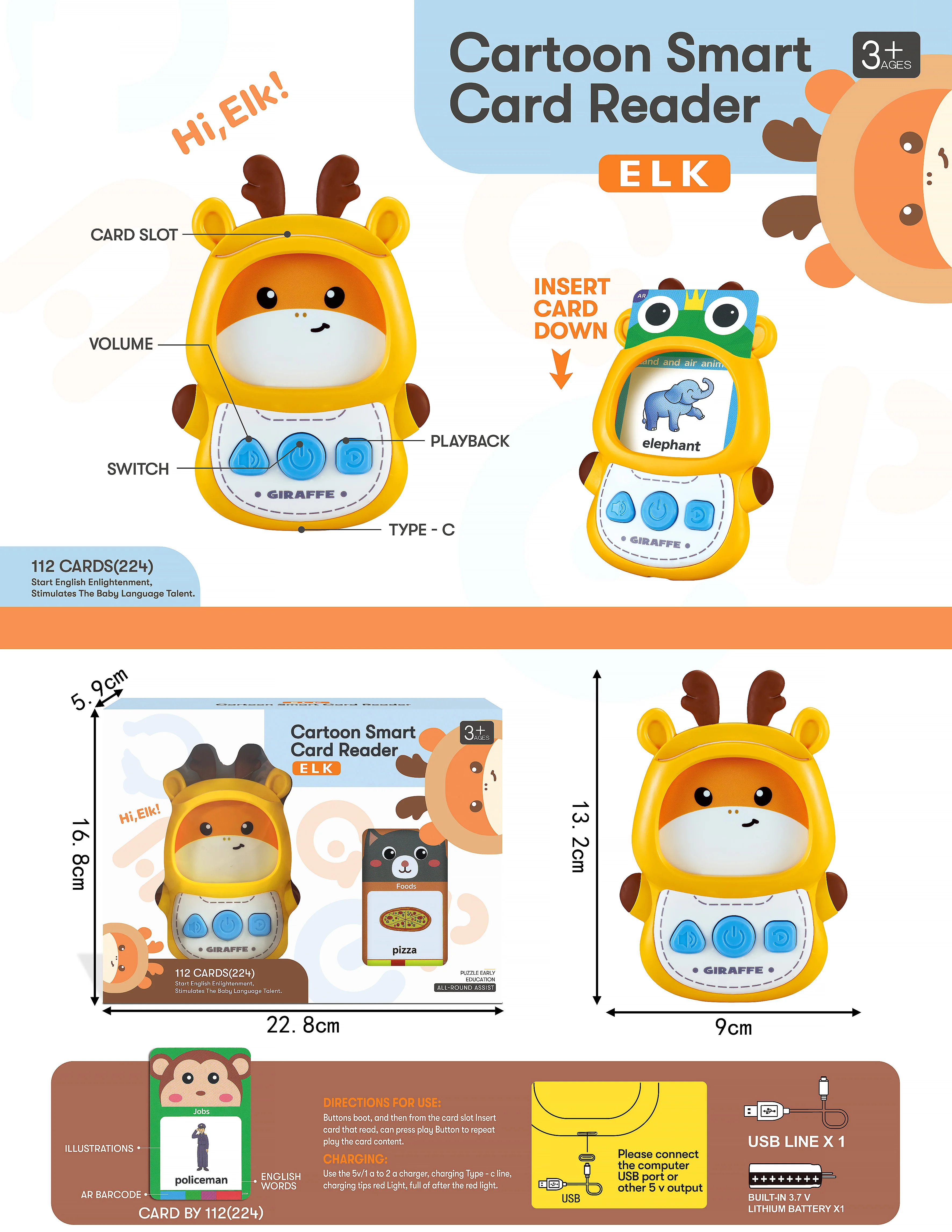 Little cute duck card early education toys automatic broadcast reading machine  with 112 double-sided English cards for kids