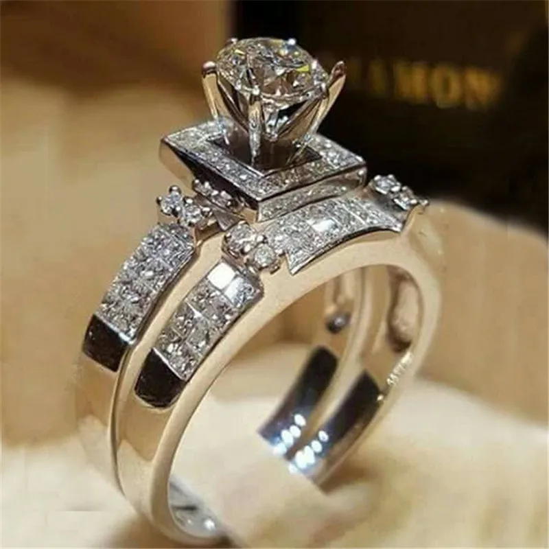 2Pcs Bridal Set Elegant rings for Women Sliver Color Wedding Engagement fashion Jewelry With Full Shiny Zircon female ring