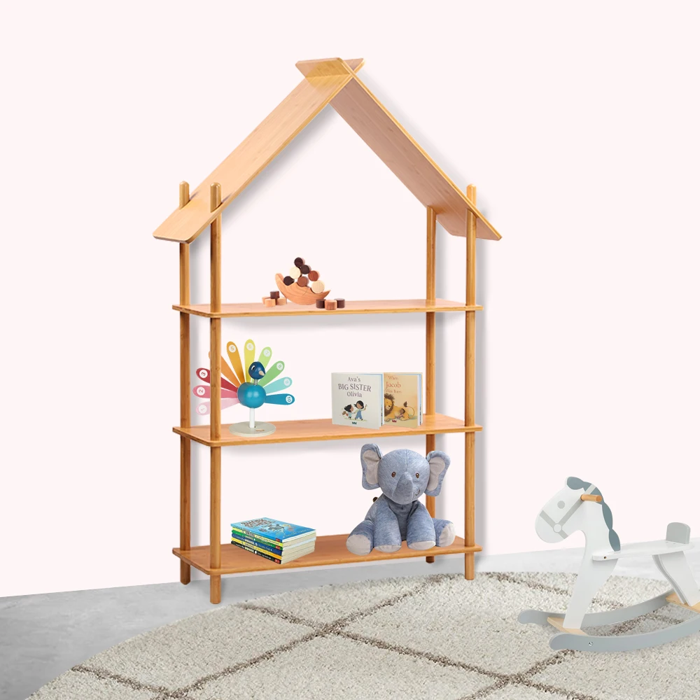 Kids Wooden Shelving Unit with 3 Shelves Storage Wood Bookshelf Children Furniture Natural Bookcase Wooden Storage Cabinet