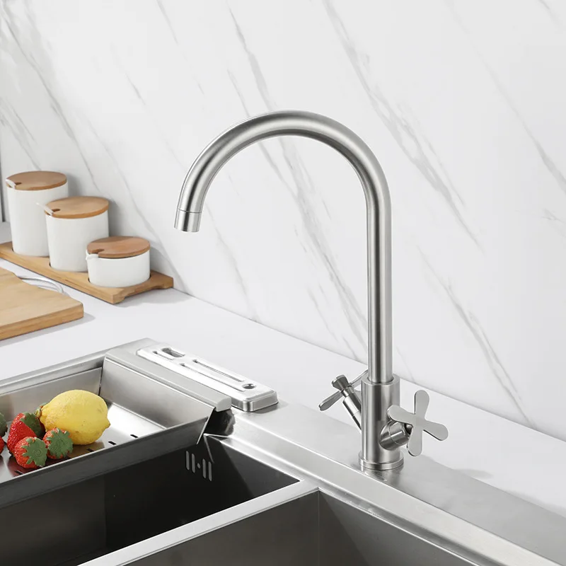 Modern Stainless Steel Dual Handle Swivel Lever 304SS Copper Hole Kitchen Sink Faucet Deck Mount Mixer Tap Set