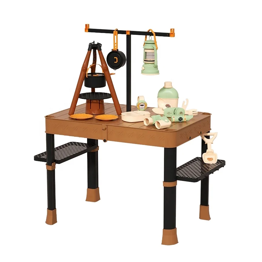 Kids pretend play camping toy set outdoor camping storage picnic table play set with spray stove and folding multifunction table