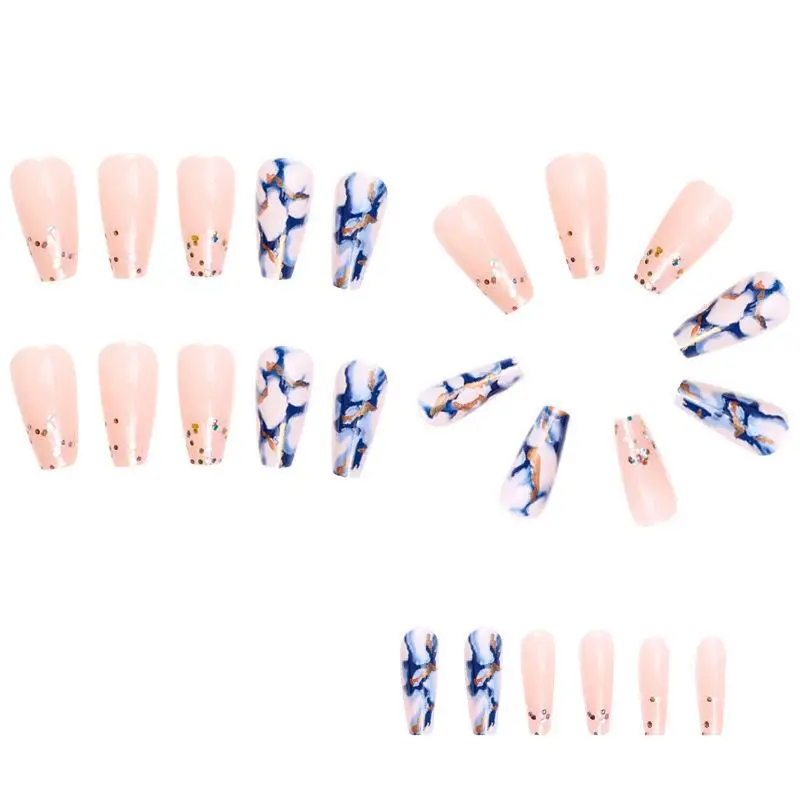 Wholesale Custom OEM/ODM Blue Marble French Press On Nails Medium Short Designs Artificial Fingernails