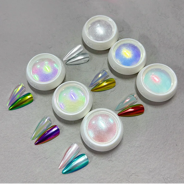 Wholesale New Nail Art Ice Transparent Pearl Aurora Powder Chameleon Chrome Aurora Mermaid Powder 6 Colors Non-microplastics