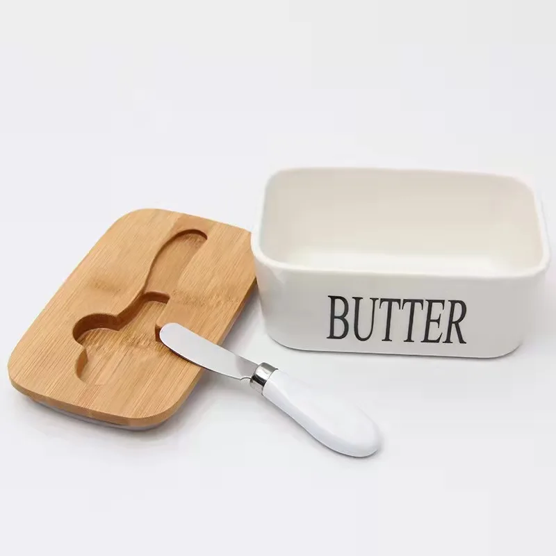 96-9  Holder Large Butter Dish Butter  Porcelain Container Keeper Storage Wooden Lid And Steel Knife Cheese Dish