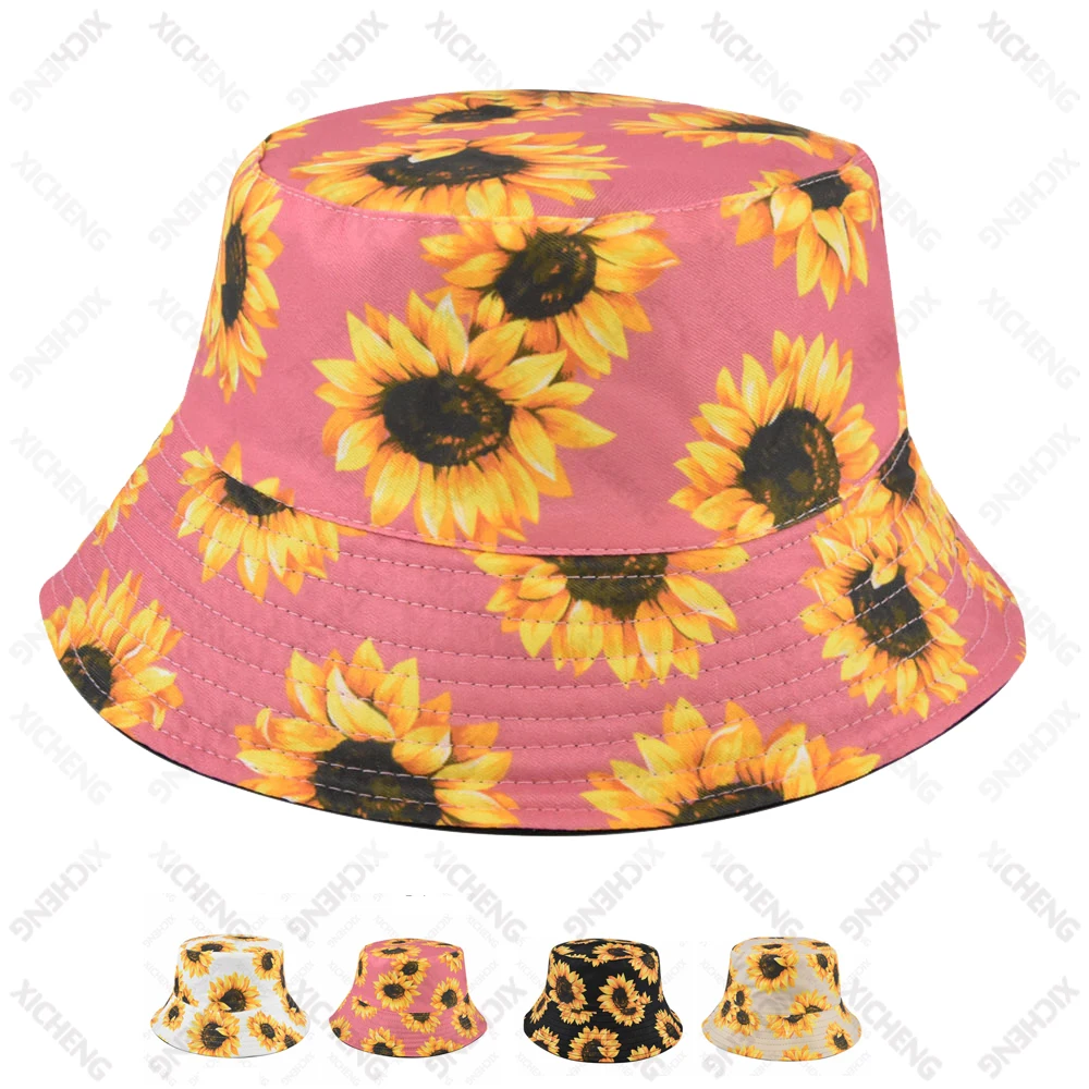 Wholesale unisex new sunflower-printed cotton polyester custom logo reversible bucket hat caps for women men