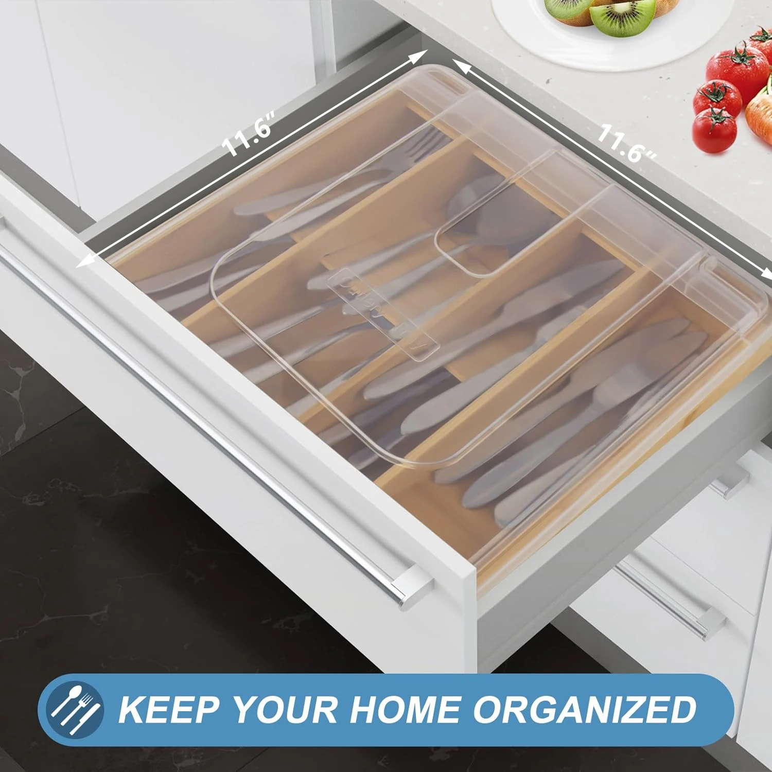 High quality organic Bamboo Utensil storage organizer for kitchen Countertop drawer with transparent Lid 7 Compartments grooves