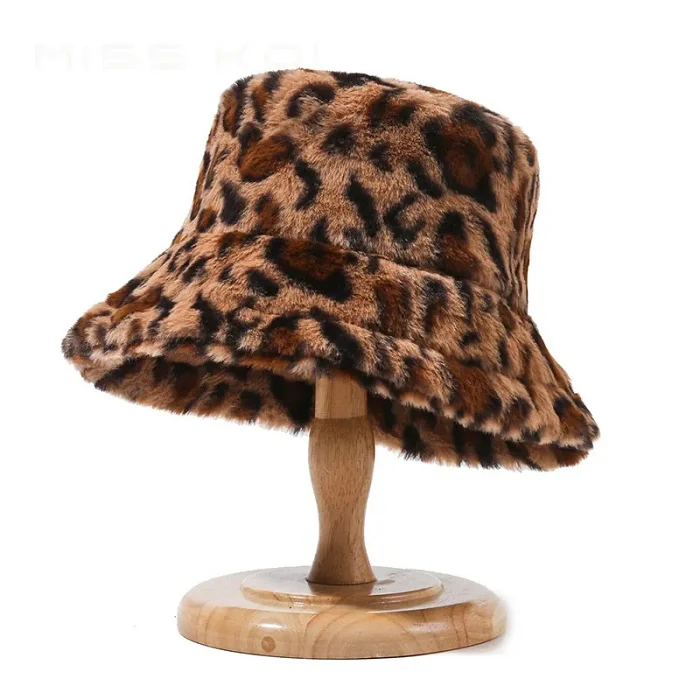 Custom Brown Leopard Print Faux Fur Reversible Winter Bucket Hat