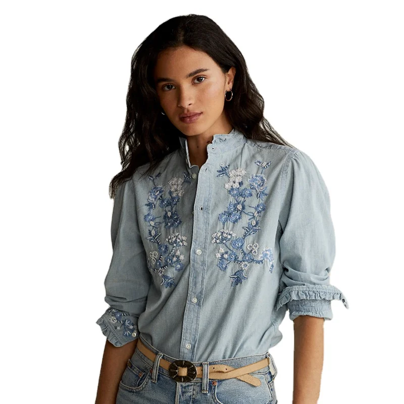 Soft cotton fabric stand collar floral Embroidered t shirt in frilly youth fabric
