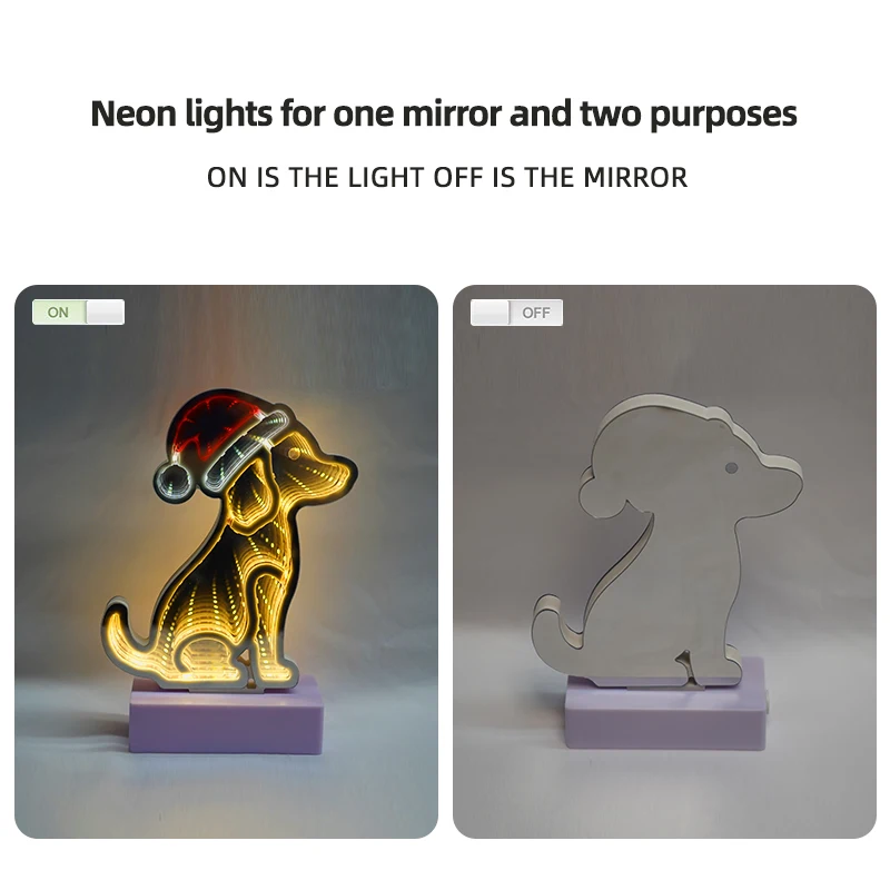 Cute Dog Shape 3D Infinity Mirror Neon LED Night Light PVC Table Neon Sign Lights for Home Decor