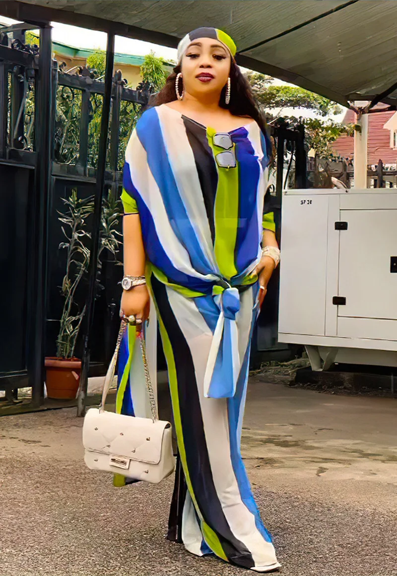 Liu Ming OEM Wholesale Customized 2024 Spring Summer Loose Two Piece Wide Leg Outfits Casual Striped Chiffon Pant Women Sets