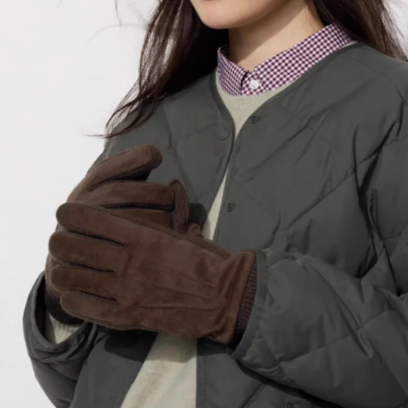 Men Women Winter Cashmere Wool Lined Black Suede Leather Touch Screen Gloves with Knit Cuffs