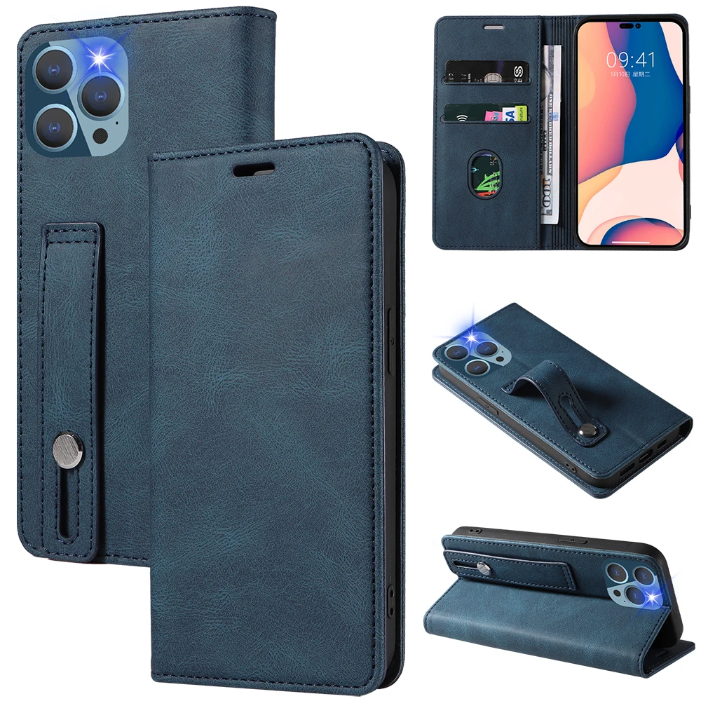 Premium PU Leather Flip Card Slot Kickstand Phone Case Back Cover For iPhone 16 Pro Max Case With Wallet Wrist Strap