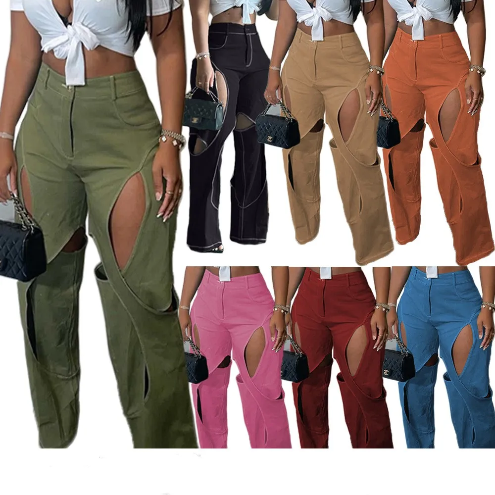 Fashion casual cut out hollow cotton high waist wide leg pants straight pants
