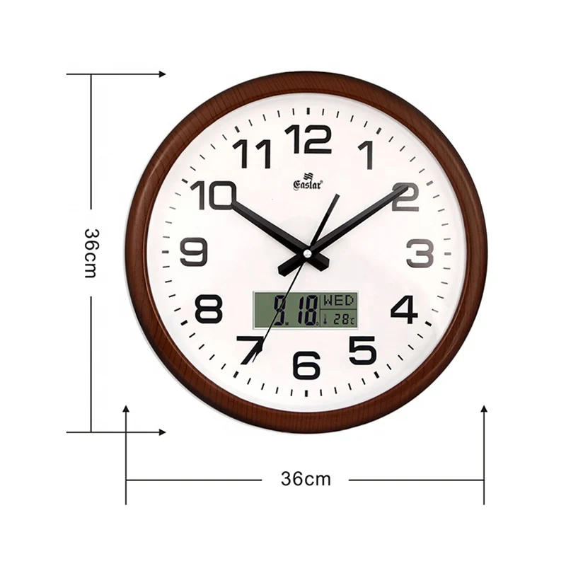 
Factory direct sales exquisite electroplated round metal like wood with thermometer calendar display wall clock 