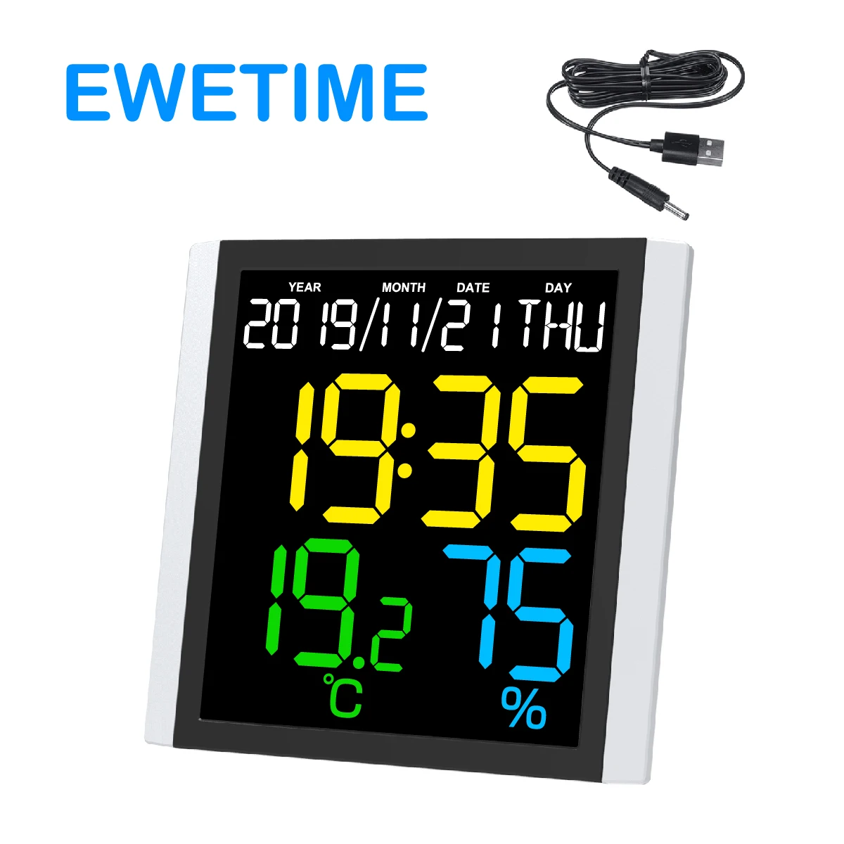 EWETIME LED Display Table Clock with Thermometer and Hygrometer Decoration Square Large Screen Backlight Modern