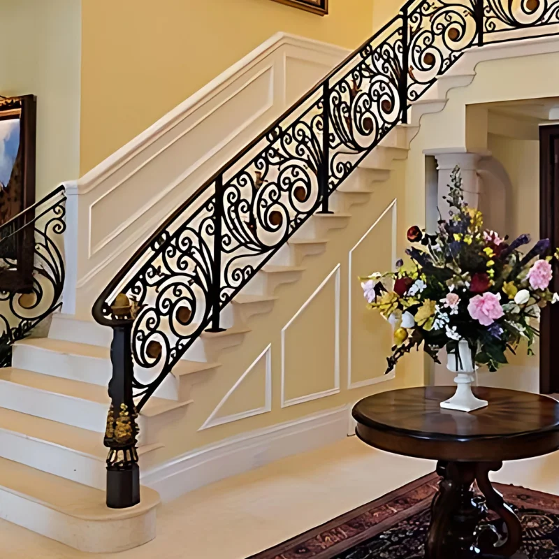 Wrought iron design railing wooden handrail solid wood step staircase classical spiral stairway indoor luxury timber stairs