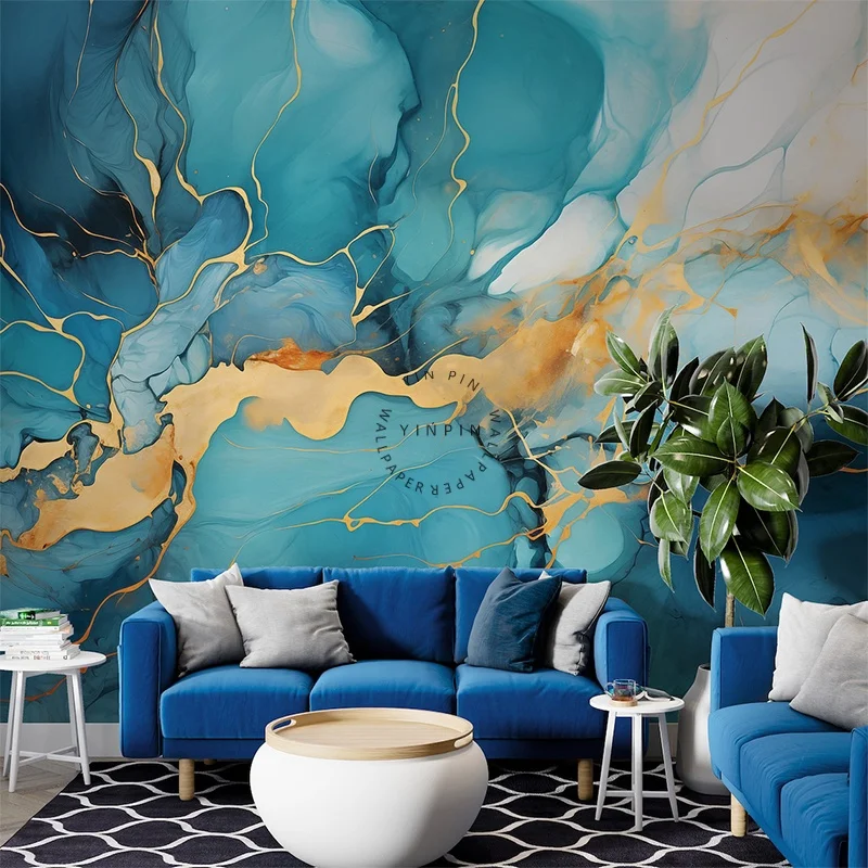 Blue and gold marble wall art wallpaper abstract modern mural