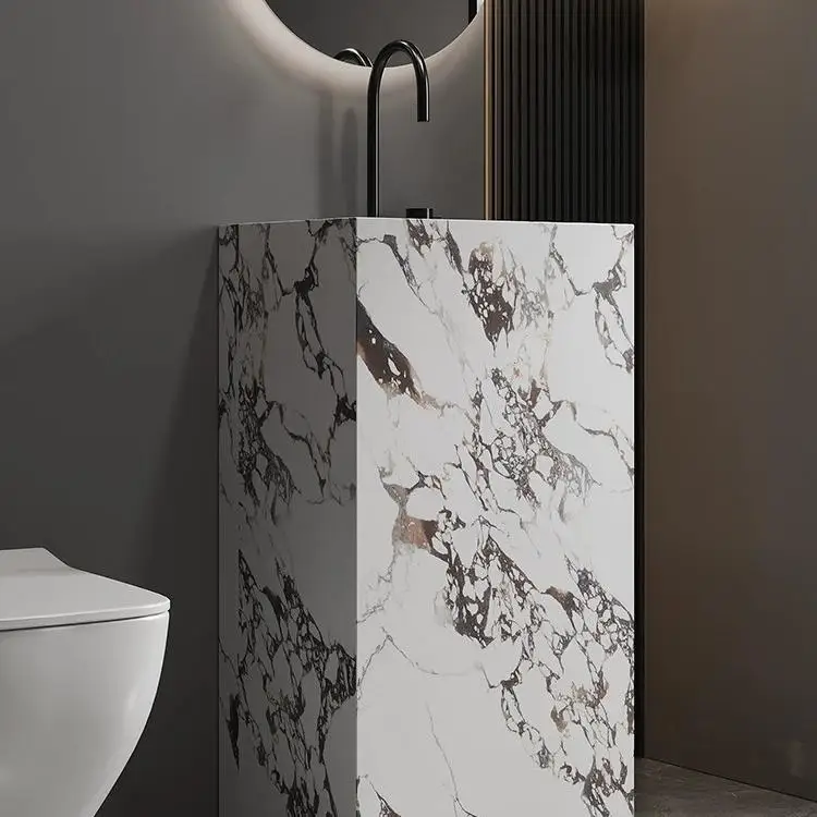 High-end rock slab pedestal basin Bathroom Ceramic Hand Wash Pedestal Sink with smart mirror
