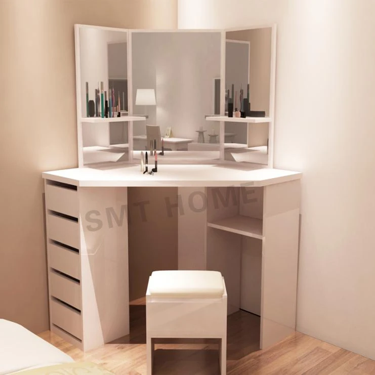 White color Mecor Vanity Makeup Table Set Dressing Table with Stool and Square Mirror for corner of wall