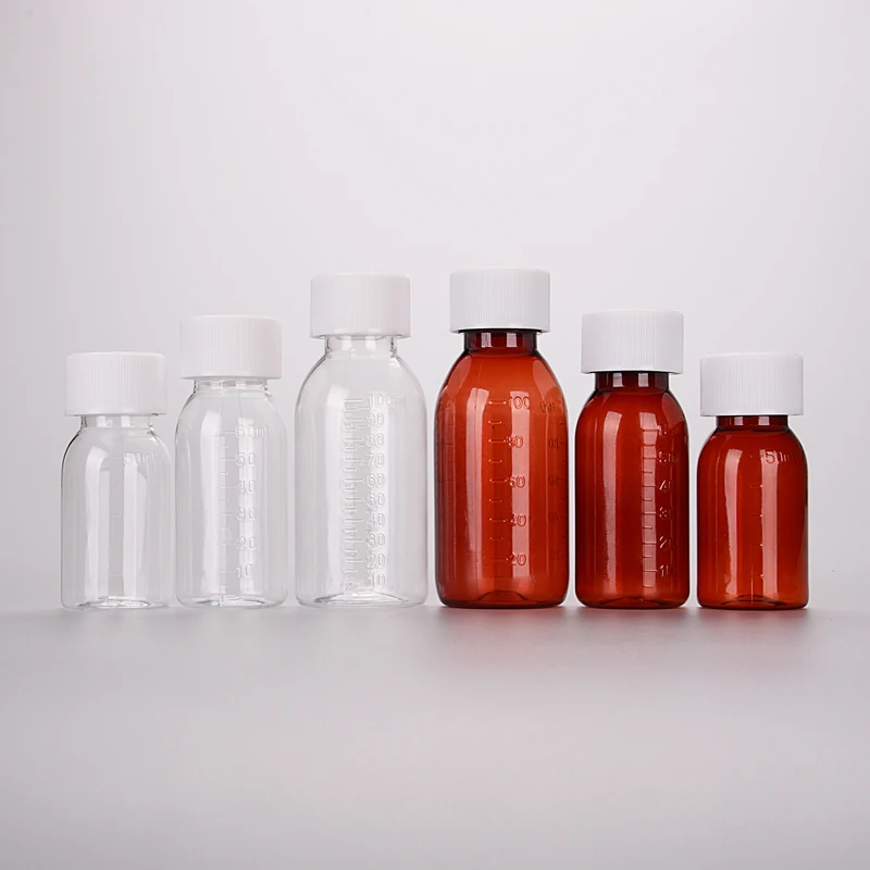 Wholesale 50ml 60ml 100ml dark amber Transparent plastic empty PET customized Oval medicine Liquid syrup Bottle with CRC Cap