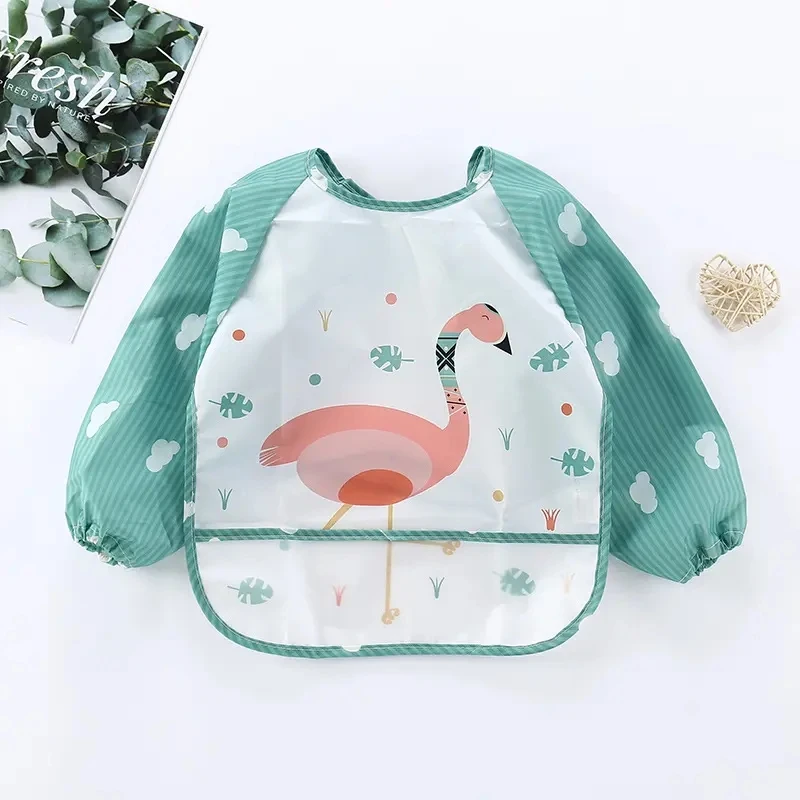 I-0132 Infant Toddler Baby Cartoon Long Sleeve Art Apron Animal Smock Soft Waterproof Baby Eating Bib
