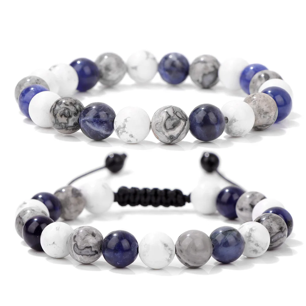 New Design Handmade Blue-veined Natural Stone Map Stone and Howlite Set of 2 Beaded Man Bracelets Jewelry