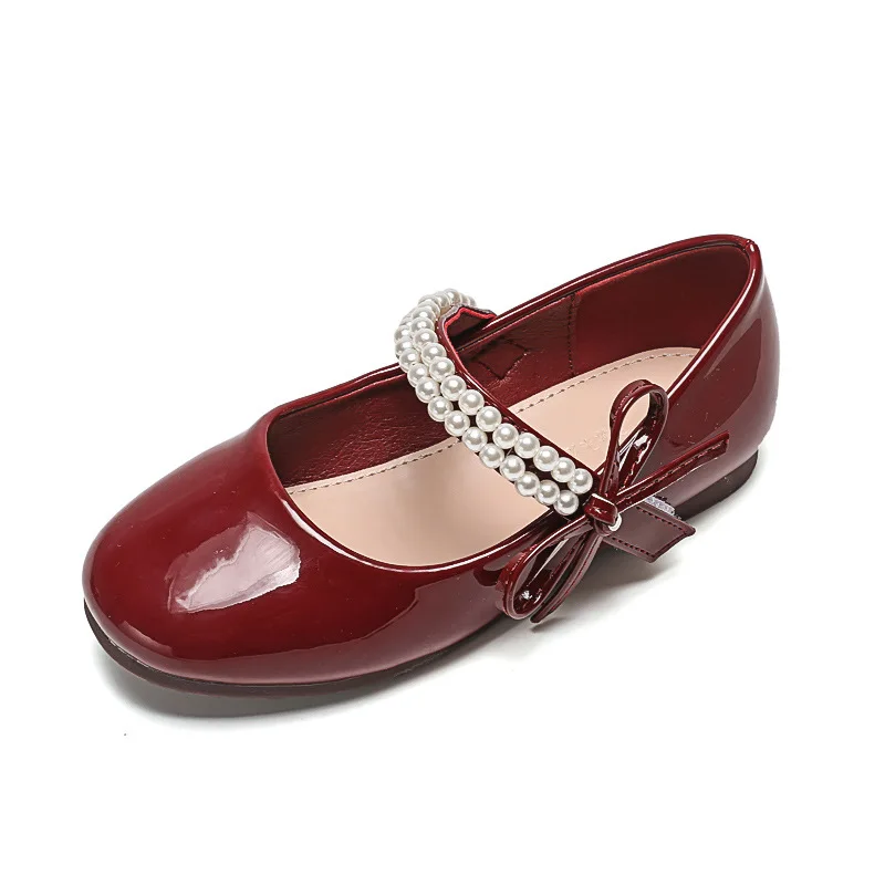 New Children Leather Fashionable Girls Pearl Dress Shoes Exquisite Bowknot Princess Shoes Dance Party Kids Crystal Performance