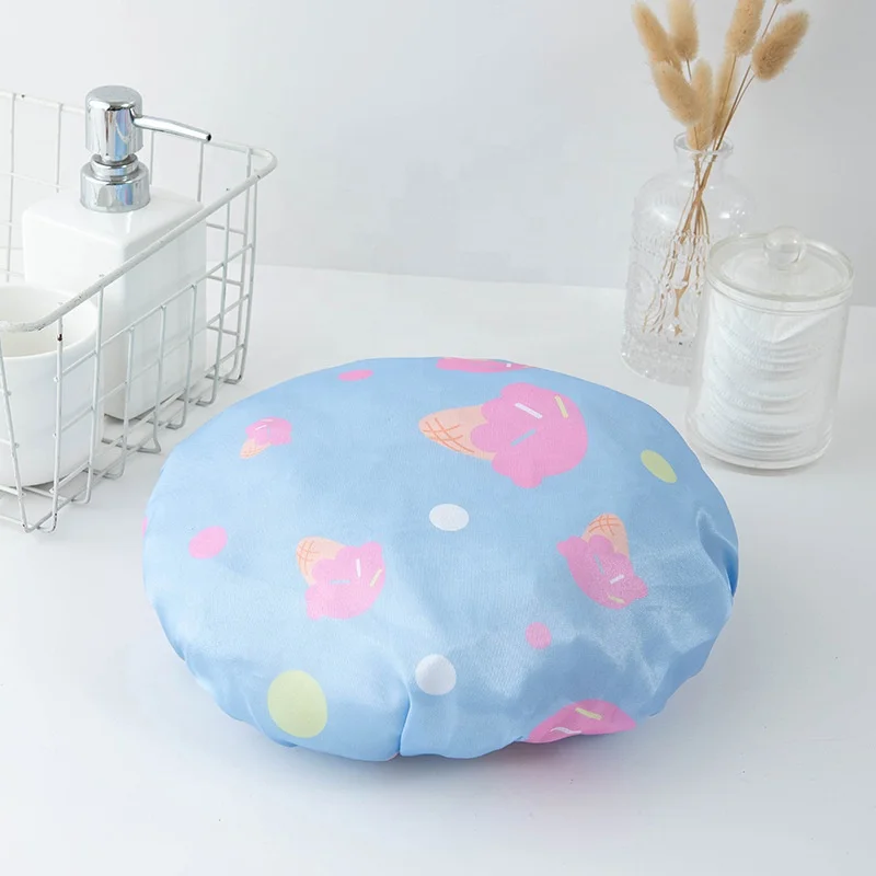 Waterproof Bath Hat Double Layer Shower Hair Cover Women Supplies Shower Cap With Ice cream pattern