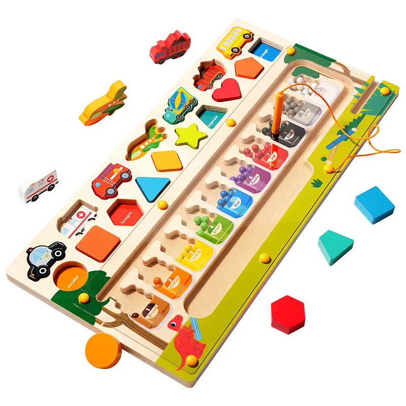 Children Wooden 3-in-1 Shape Color Classification Vehicles Matching Magnetic Beads Maze Toy Kids Early Education Wooden Toys