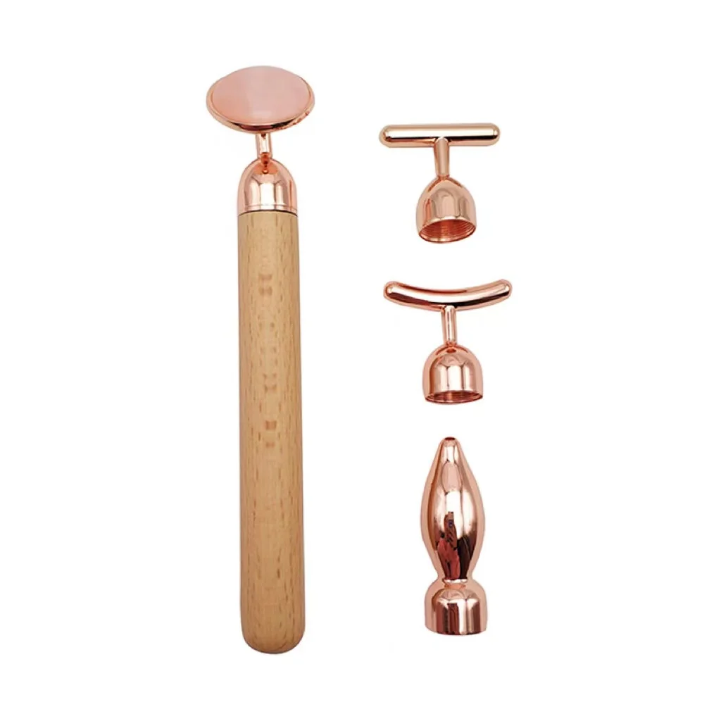Массажный ролик 4 в 1 с деревянной ручкой и розовым