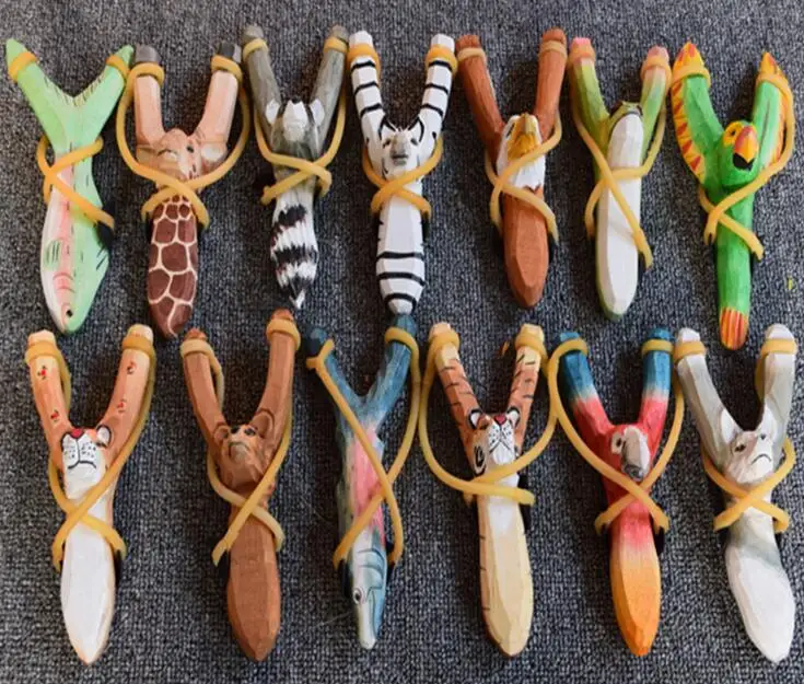 Handmade Wood Carving Cartoon Animal Slingshot for Children Toys