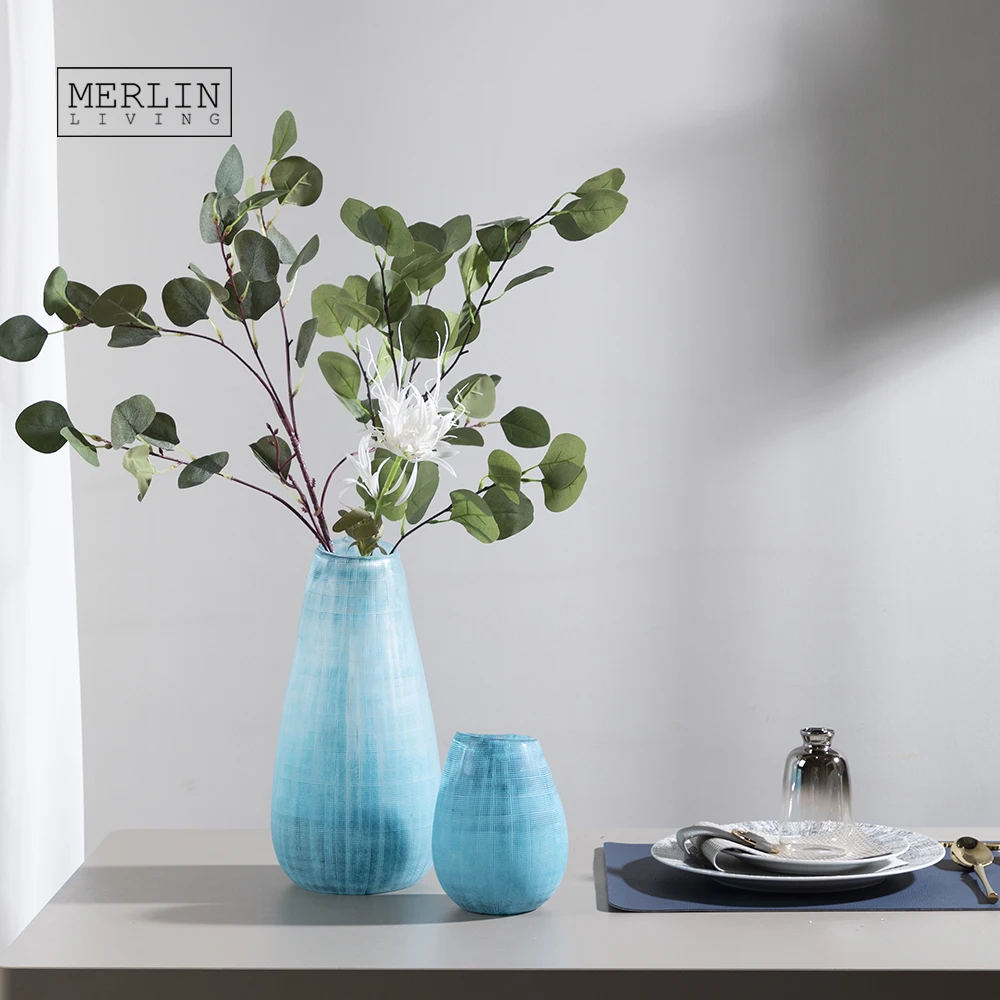 Синяя стеклянная ваза Merlin, Минималистичная хрустальная ваза с цветами, украшение для стола, стеклянное Хрустальное украшение