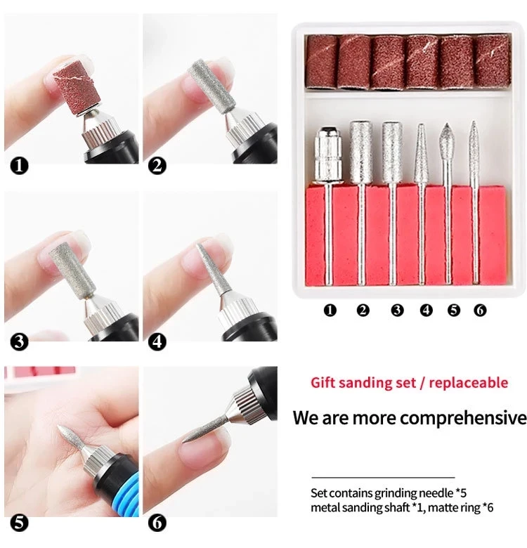 Электрическая машинка для маникюра и педикюра, мощный профессиональный аппарат для ногтей, пилка для ногтей, 6 насадок, дрель для ногтей