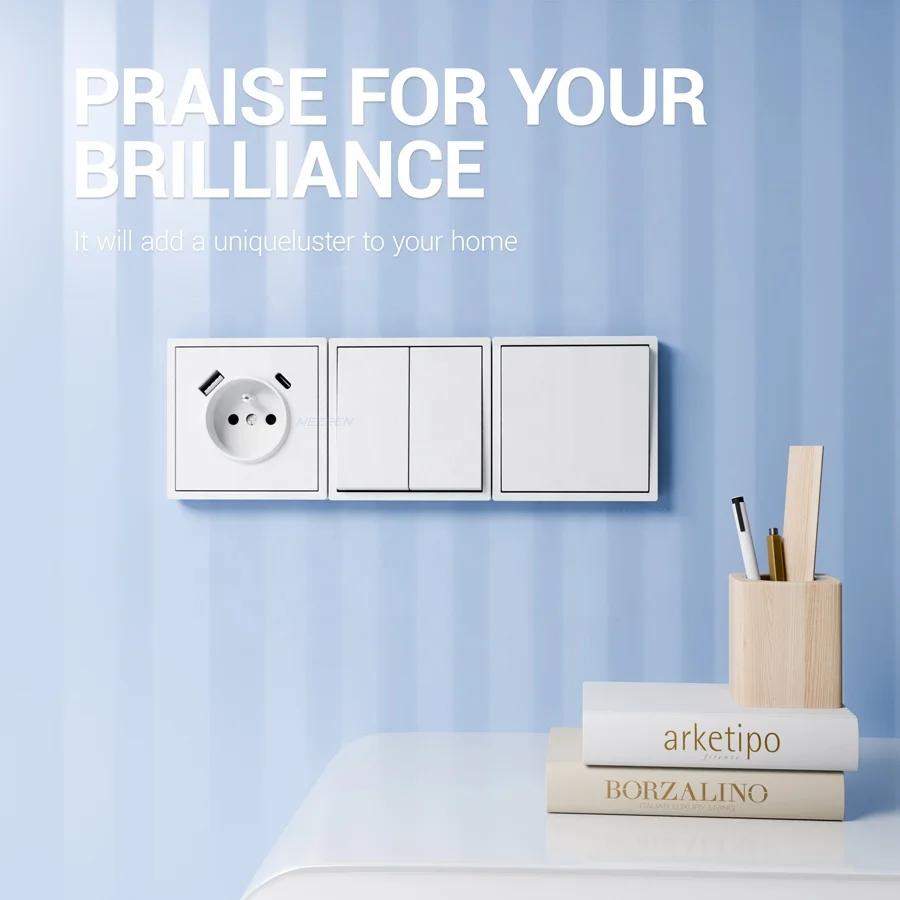 EU Standard Square Black Color Wall French Socket USB-C Electrical Wall Switch Socket with USB Charging Ports Type A+C