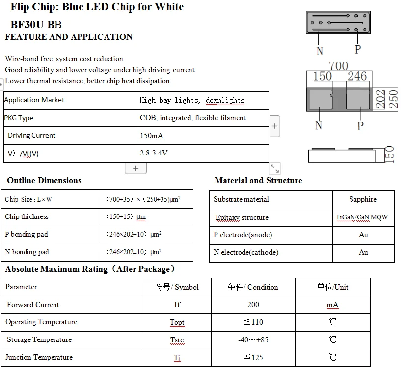 LED Flip Chip 1030 Blue LED Chip for White