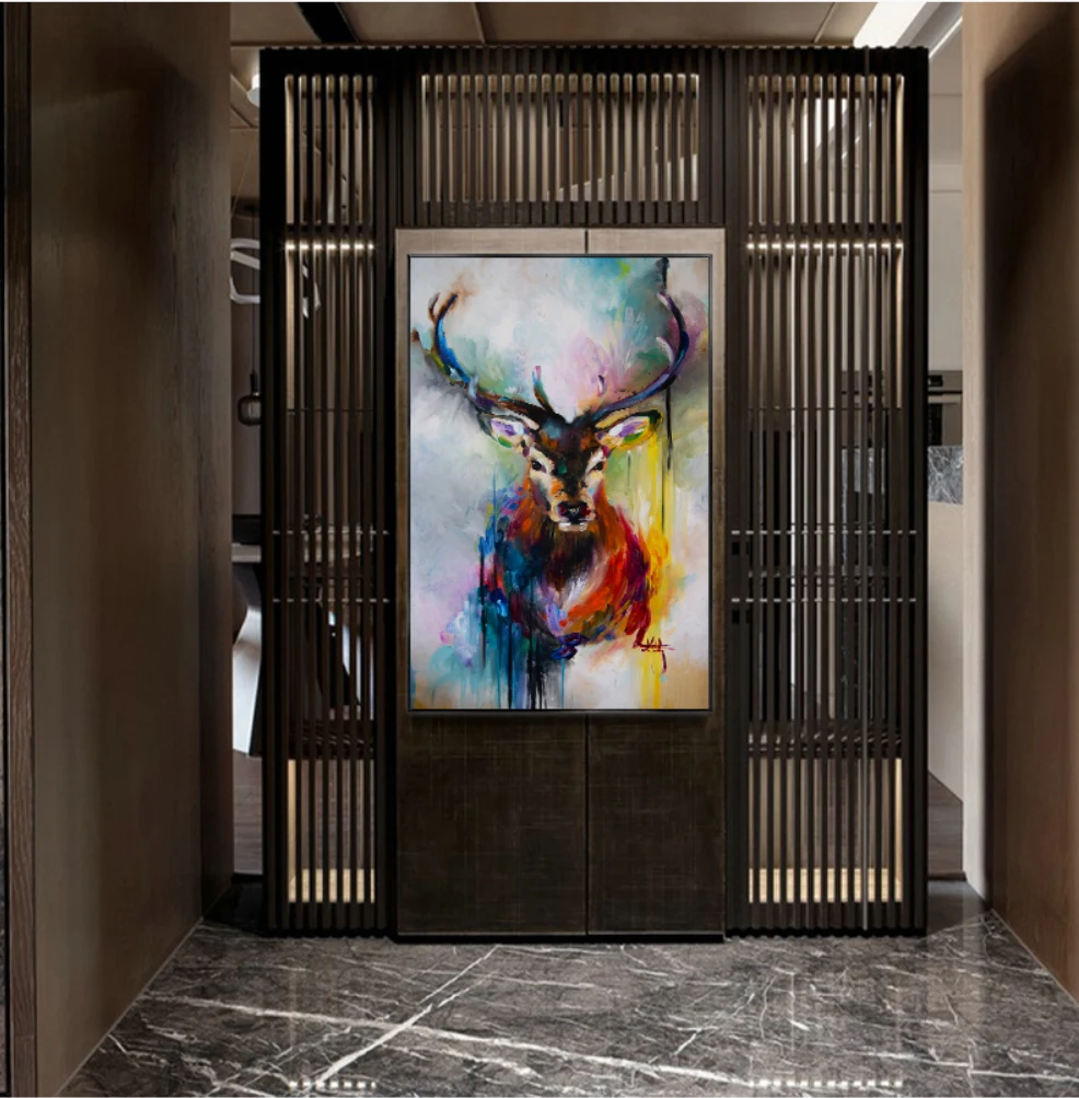 Pure hand-painted oil painting sika deer simple living room decorative painting light luxury door porch hanging paintings