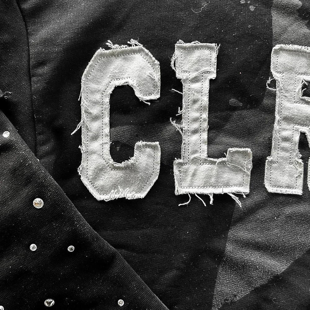 Huili Vintage Distressed Washed Thick Cotton Tshirts Men Custom Screen Printing Logo Double Layer Long Sleeve Rhinestone T-Shirt