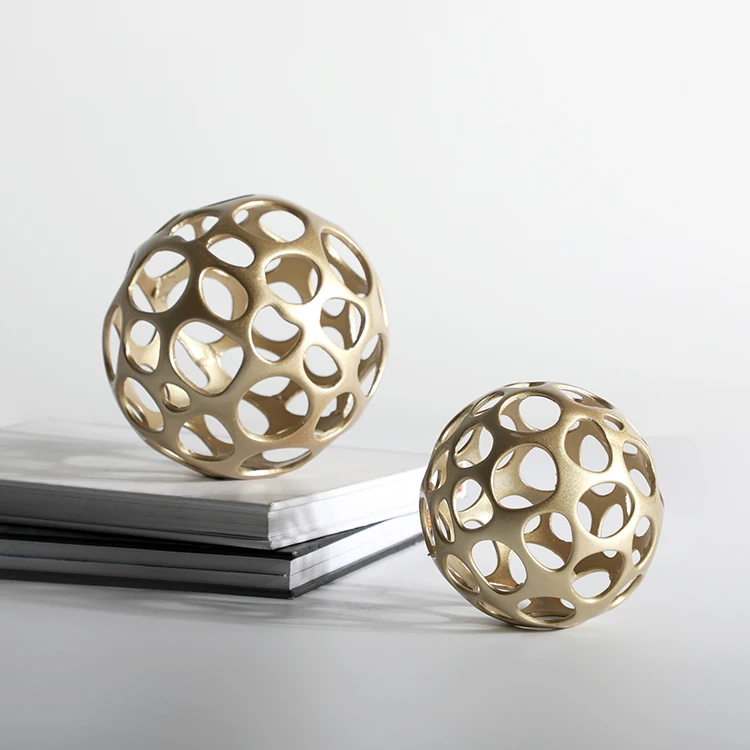 Home desktop decorative ornament accessories coffee table golden iron metal craft hollow ball sphere sculpture