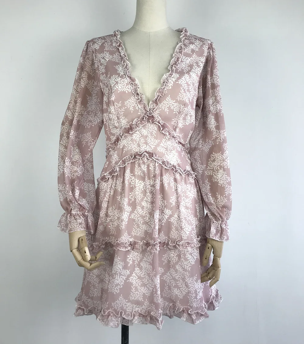 
American Style Fashion Lantern Sleeve Deep V-neck Dresses Women Floral Printed Cake Chiffon Dress For 2021 Summer 