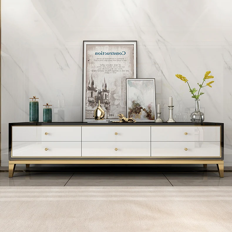
New design home furniture cheap price modern gold stainless steel white black color glass TV Stand 