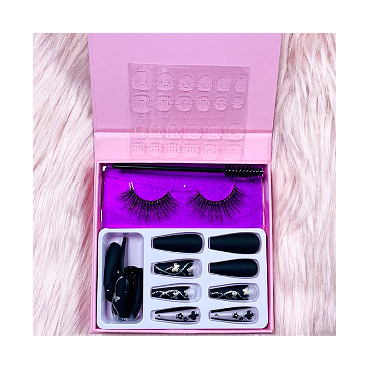 New Arrival Matte Pink Eyelash Packaging Free Sample Women Luxury Press on Nails and Fake Faux Mink Eyelashes Lash Set