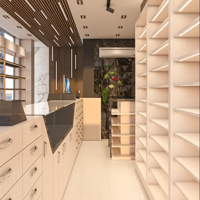 Custom Nature Style Wooden Medical Shelves Store Interior Display Racks Pharmacy Shop Counter Design for Pharmacy Furniture