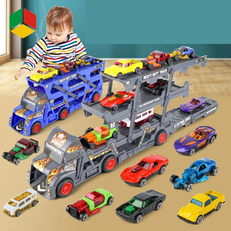 QS OEM ODM Multifunctional Folding Metal Truck Diecast Pull Back Car Transport Toys Car With 8 Pcs Alloy Car Toys For Kids