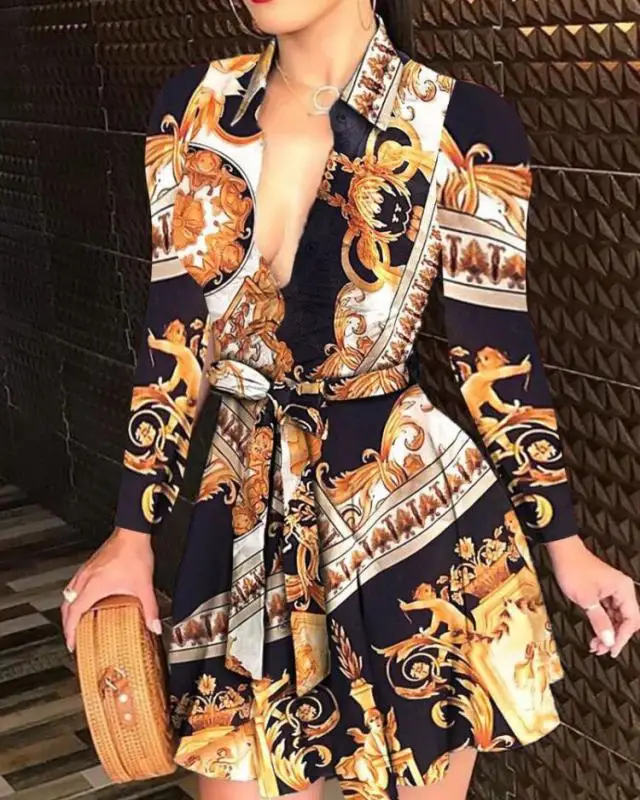 vestidos mujer summer casual dress solid colour chain print printed belted blouse shirt floral casual dresses
